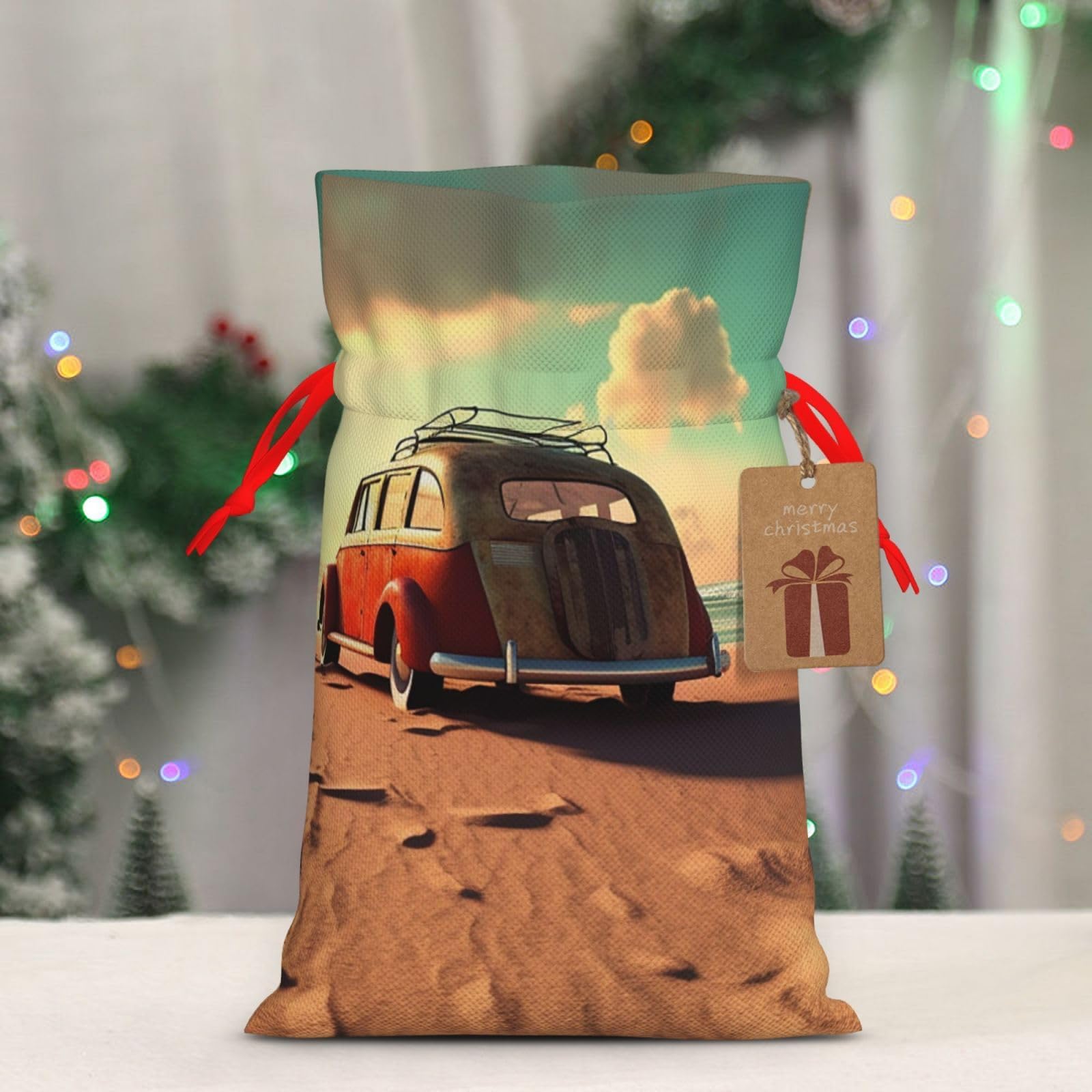 Car on the beach Christmas Gift Bag Burlap Xmas Drawstring Gift Sack with Tag & Tie, Medium Christmas Bags for Gifts, Reusable Gift Wrapping Bag for Holiday Party Favors