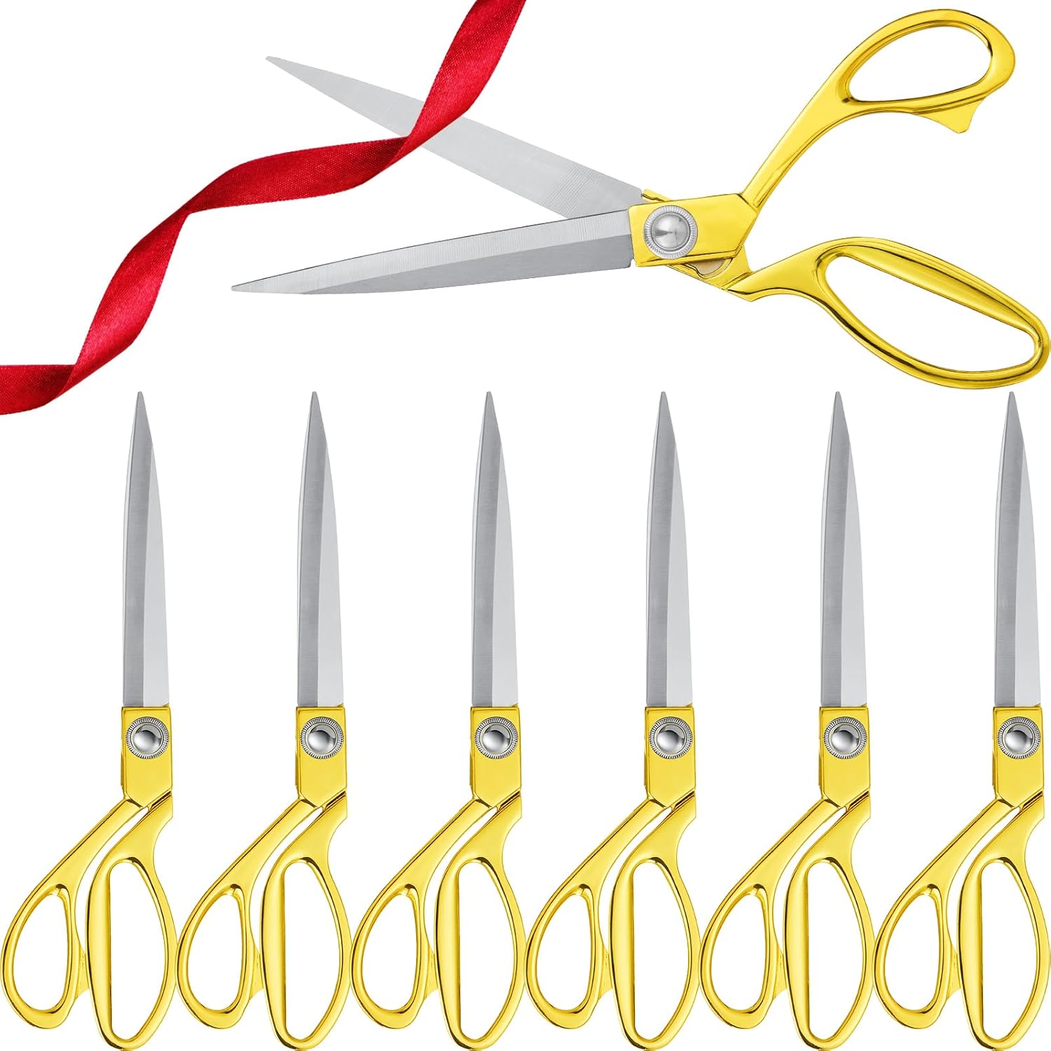 Amylove 6 Pcs Ribbon Cutting Scissors Metal Heavy Duty Stainless Steel Fabric Tailor for Ceremony Events Inaugurations Dressmaking Sewing Plastic Cardboard, 10.43 x 2.76 Inch (Style1,Gold)