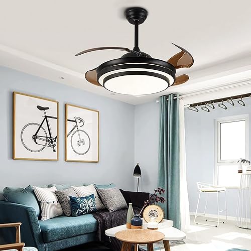 Ventiladores de techo con luz, 4 aspas retráctiles, ventilador de techo LED, 3 cambios de color, 3 velocidades, lámpara de araña de control remoto