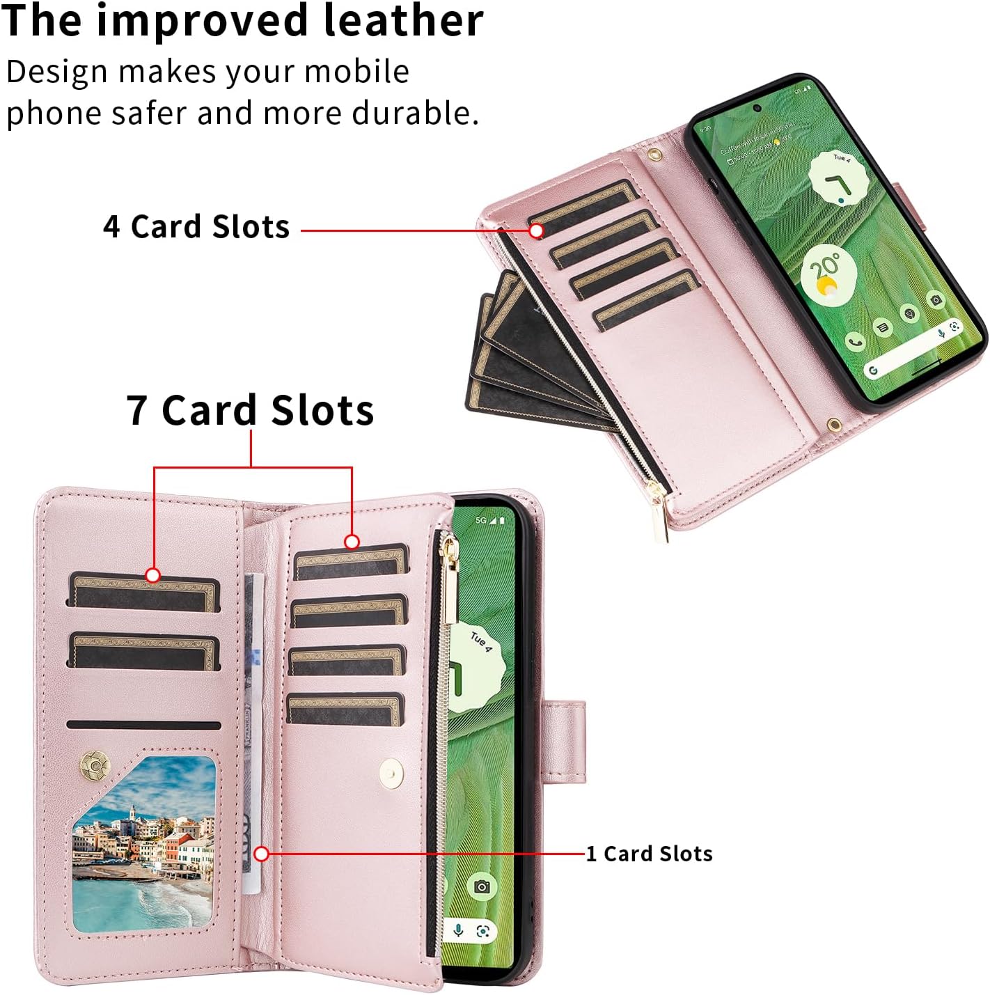 Wallet Case for Google Pixel 7 5G with Wrist Strap Crossbody Shoulder Strap Leather Zipper Flip Purse Card Holder Slots Protector Stand Cell Phone Cover Pixel7 Pixle Seven 6.3 Girls Pink
