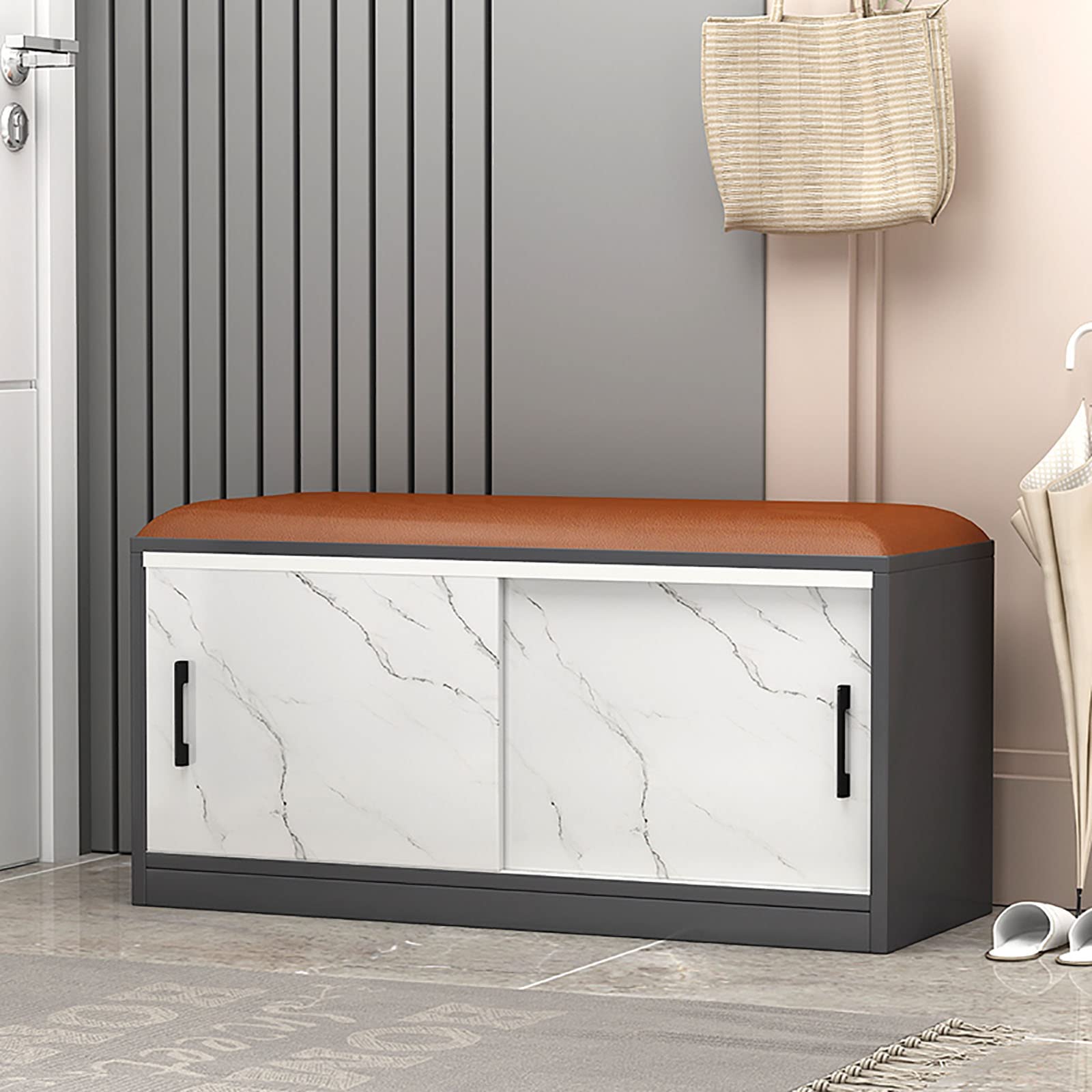 Banc d'entrée à chaussures en bois 90x35cm avec 2 armoires de rangement et coussin B
