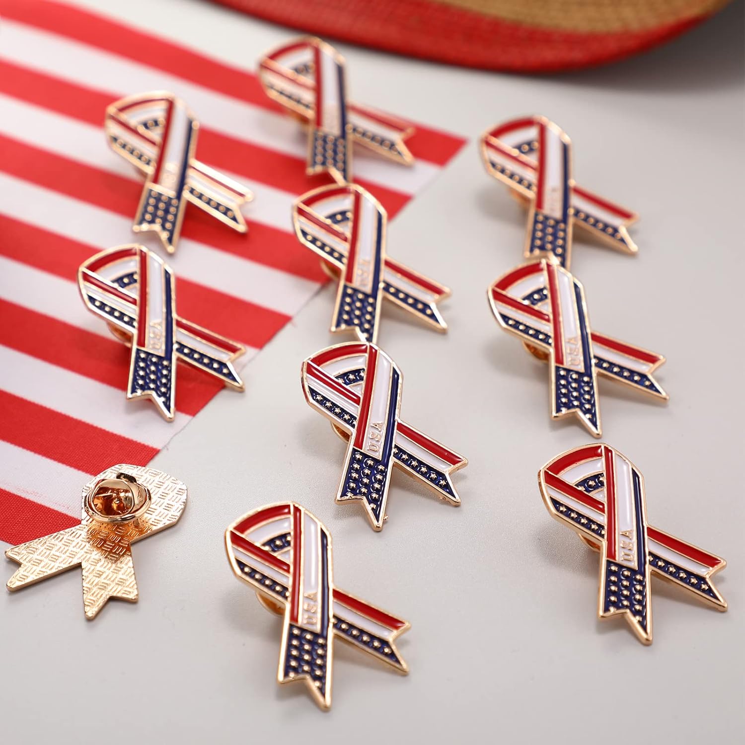 Jexine American Flag Lapel Pins Bulk Mental USA Patriotic Ribbon Pins for Men Women Memorial Day Decoration
