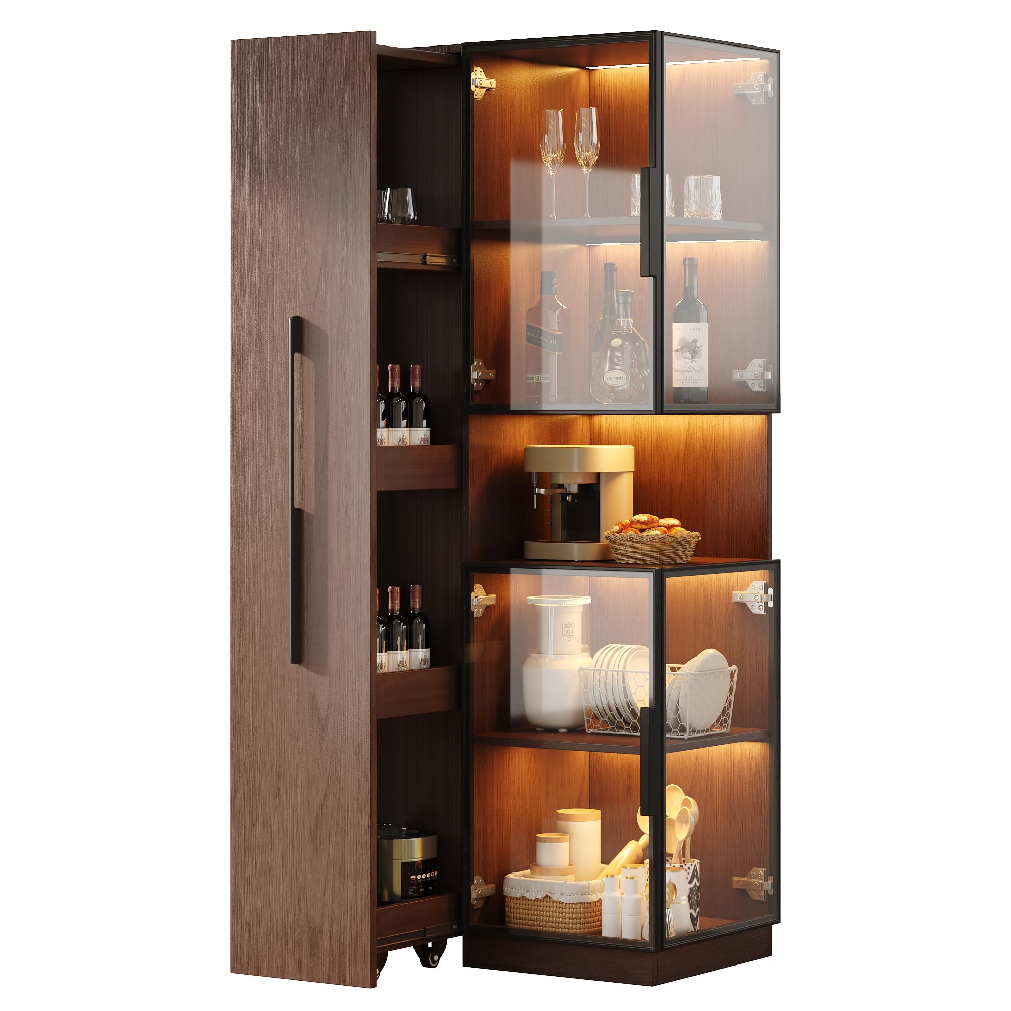 Armario de vitrina de 70 x 38 x 160 cm con estante extraíble, doble cristal, armario de madera MDF de nogal, almacenamiento, armario alto multifuncional para salón, comedor, cocina, color