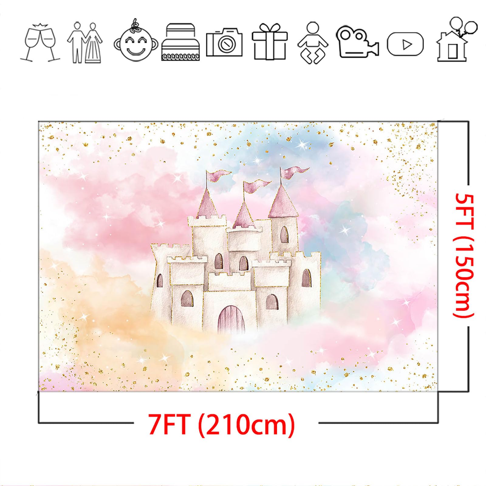 MEHOFOND Toile De Fond Anniversaire Fille Rose 7x5ft - Château Princesse, Ballons Or, Décoration Photo Studio