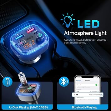 Bluetooth 5.4 Car Adapter Charging USB Bluetooth Adapter for Car,Wireless Fm Transmitter Radio,Handsfree Calling and Audio Receiver (Blue-48W)
