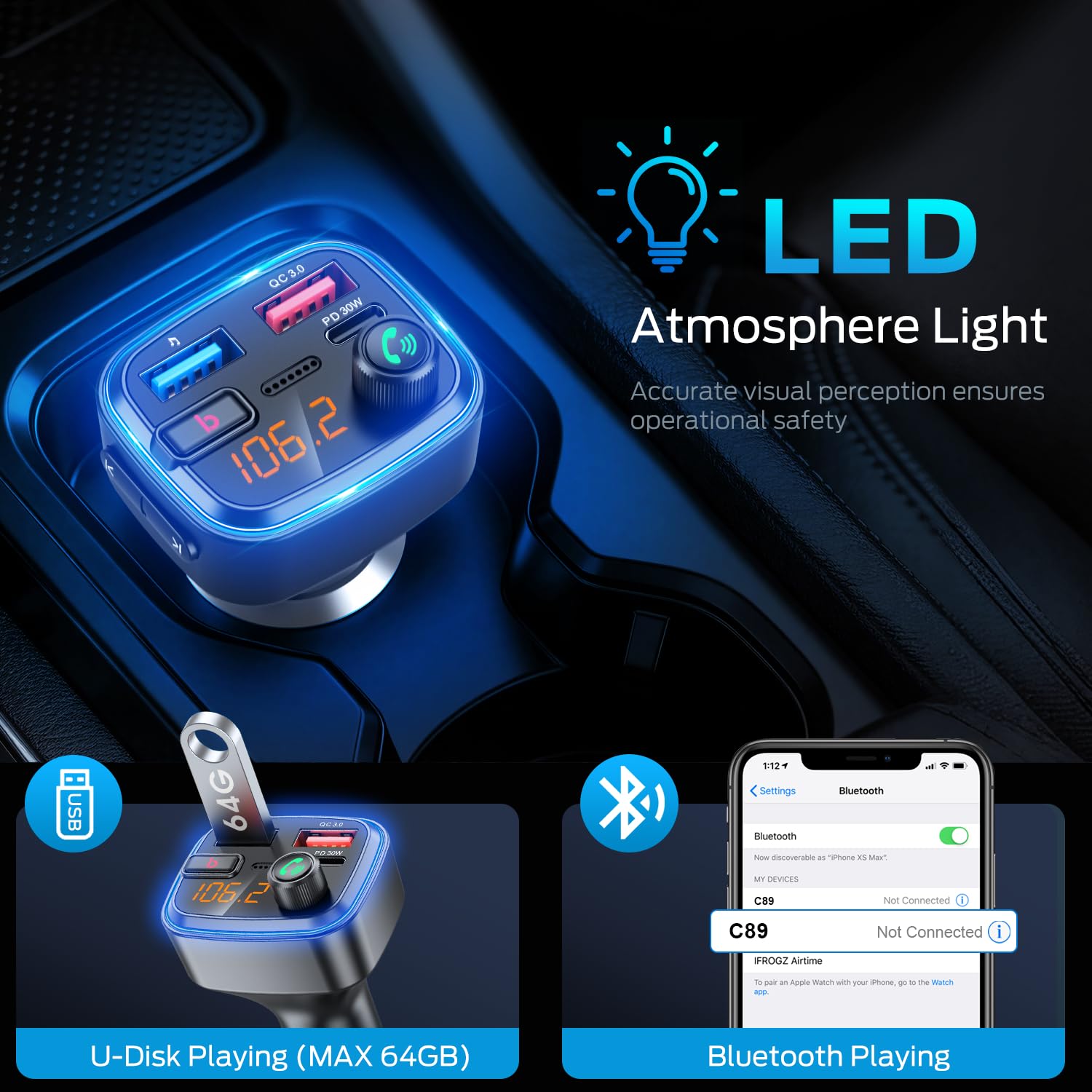 HUNDRUP Adaptateur Bluetooth 5.4 pour voiture, adaptateur USB Bluetooth pour charge, émetteur FM sans fil, radio mains libres et récepteur audio (bleu-48 W)