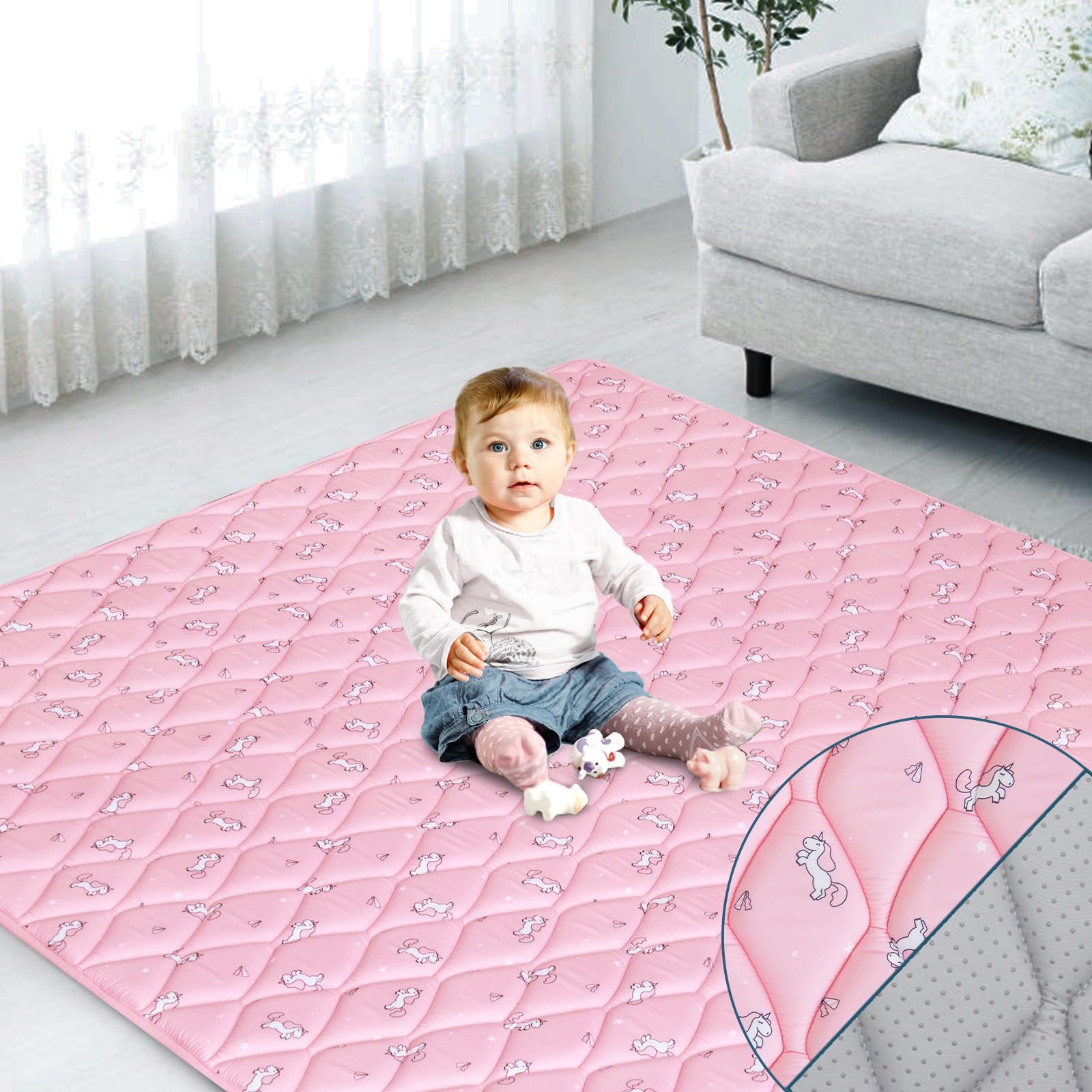 Foam Baby Play Mat 50" X 50", Play Mat for Babies and Toddlers, Baby Floor Playmat Non Slip, Thick One-Piece Crawling Mat, Easy Clean, Pink Print