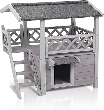 Seiyierr Outdoor and Indoor Cat House Weatherproof Outdoor Wild Cat House Two Storeys with Waterproof Balcony Stairs