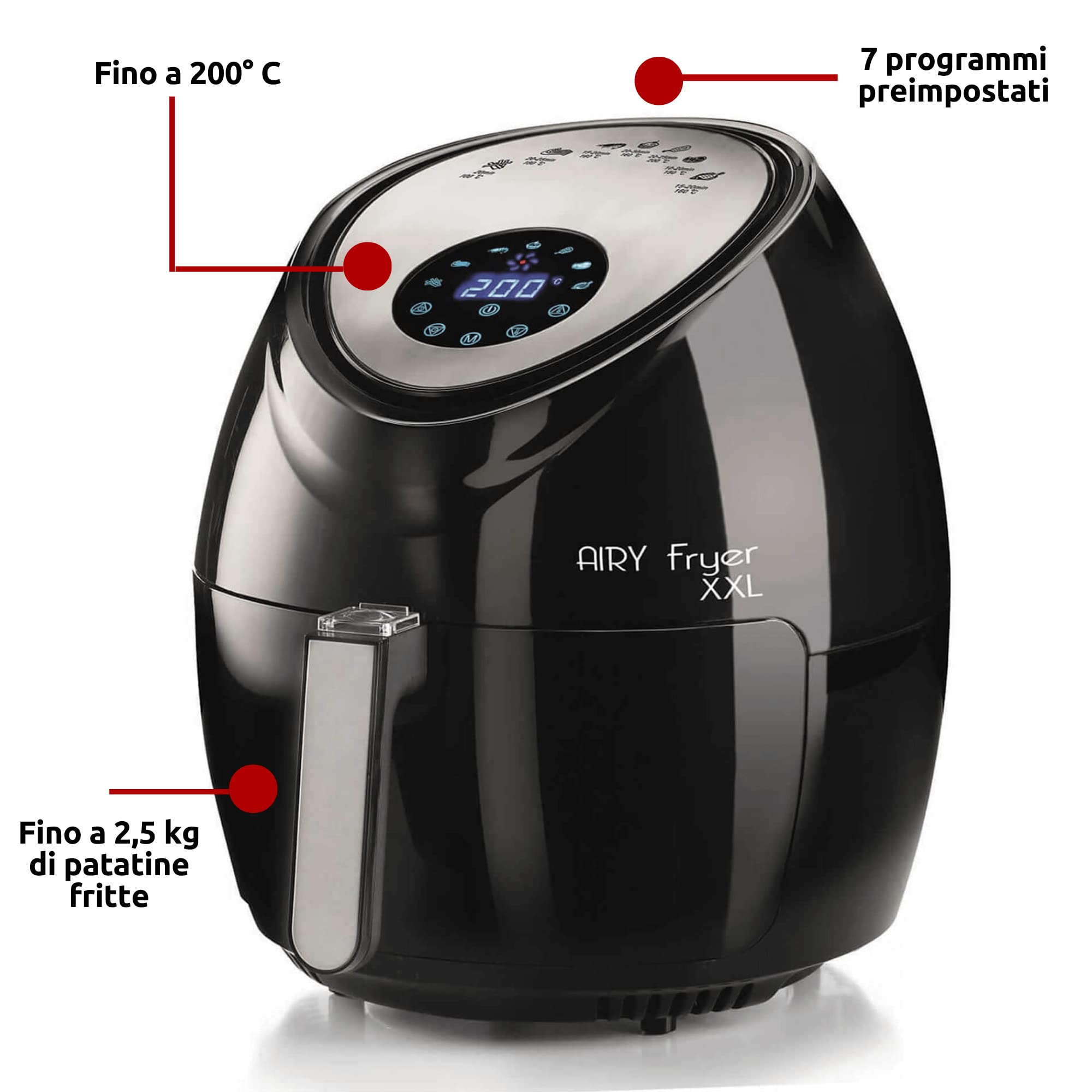 Ariete 4618 Airy Fryer XXL - Friggitrice ad Aria - Frigge 2,5 kg di Patatine Fritte - 5.5 Litri - Cottura Senza Olio e Grassi - 1800 Watt - Nero