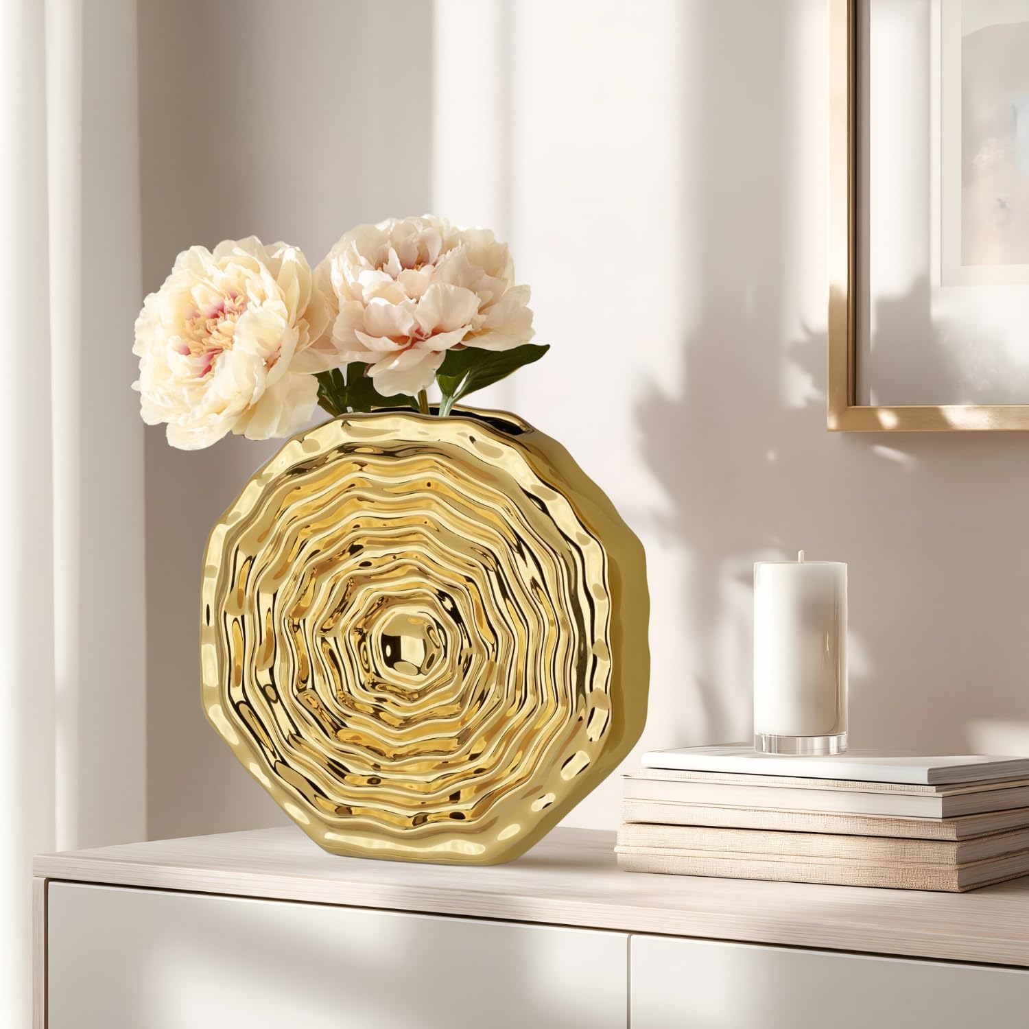 Torre & Tagus 8" Gold Ceramic Flat Vase with Reflective Finish - Round Ripple Accent for Faux Stems, Ideal for Home Decor Shelves Cabinets and Event Centerpieces (Rosette)