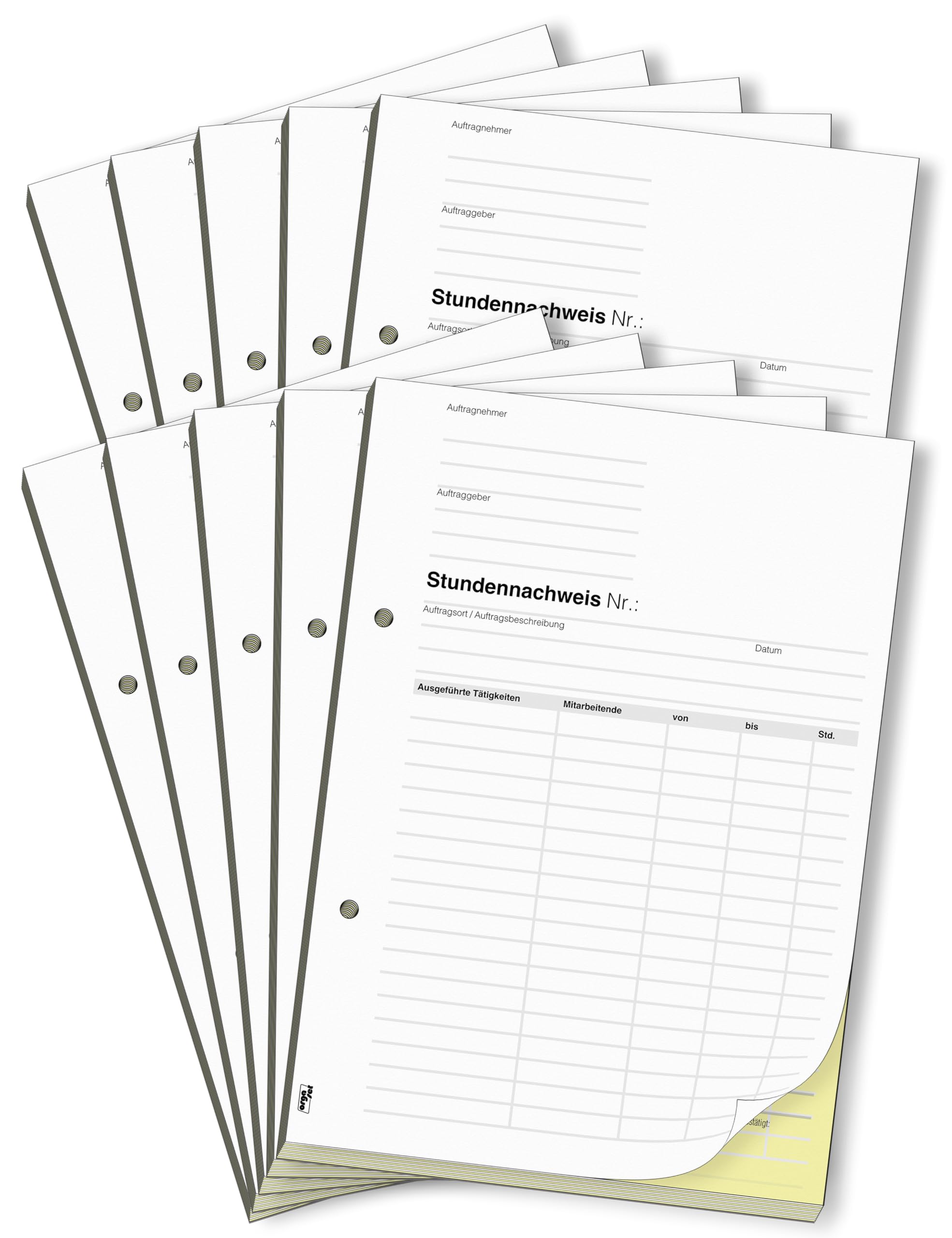 Stundennachweis | DIN A5 | 2-fach selbstdurchschreibend | 2x50 Blatt Durchschreibeblock | weiß/gelb | 10 Stk.