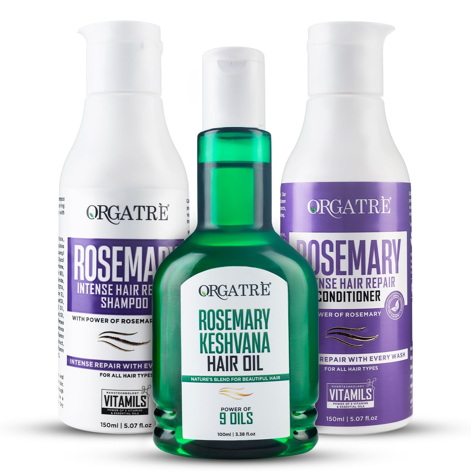Orgatre 3 Step Kit – Rosemary Shampoo, Conditioner & Hair Oil For Hair Growth | Nourishes & Strengthen Hair Follicles | All Hair Types Dermatologically Tested