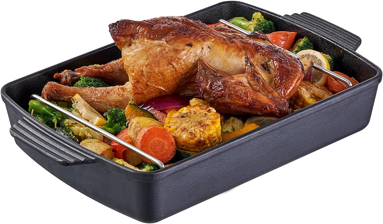 Cast Iron Roasting Pan with Rack, 9 x 12.6 Inch Heavy Duty Turkey Roaster, Induction Compatible Meat Broiler Pan for Stovetop and Oven