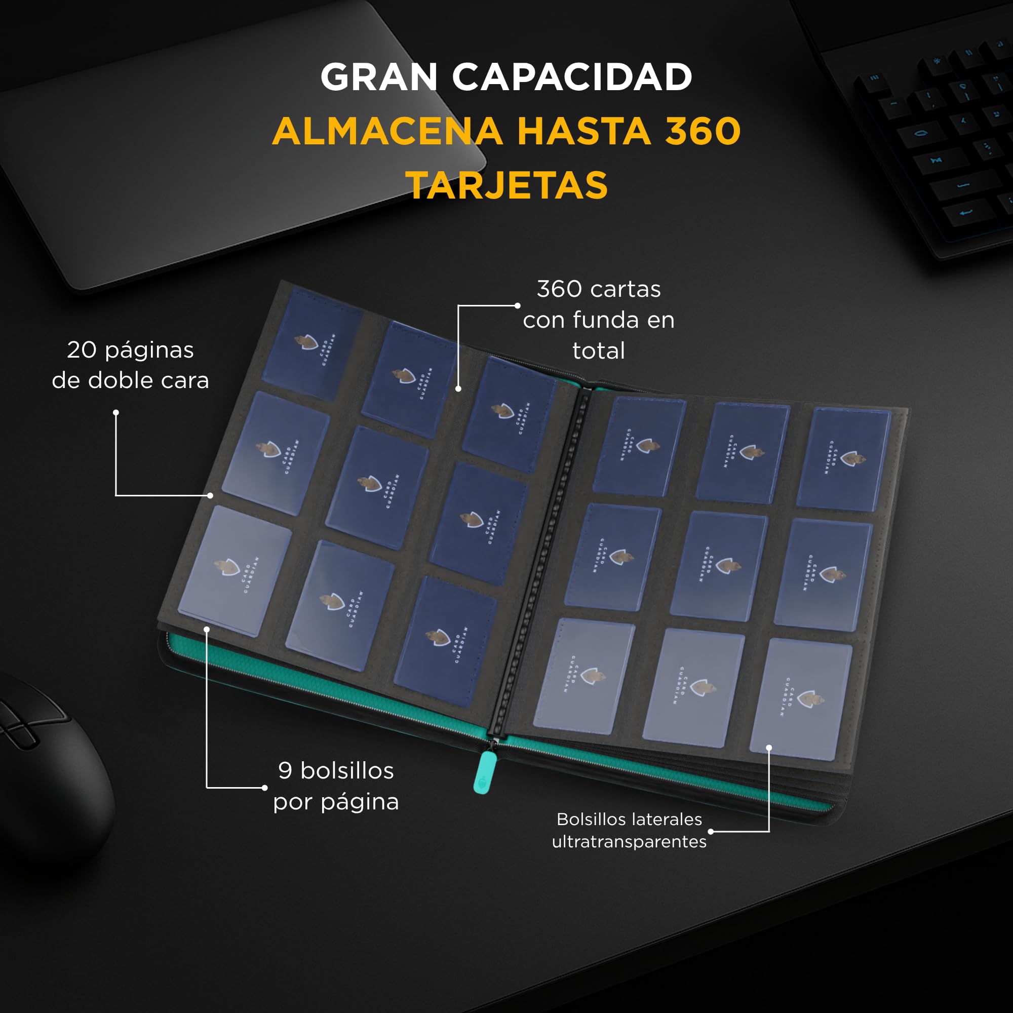 Card Guardian - Carpeta premium de 9 bolsillos con cremallera para 360 tarjetas, juegos de cartas coleccionables TCG (verde azulado) - Bolsillos laterales - Compatible con tarjetas Yugioh MTG, carpeta