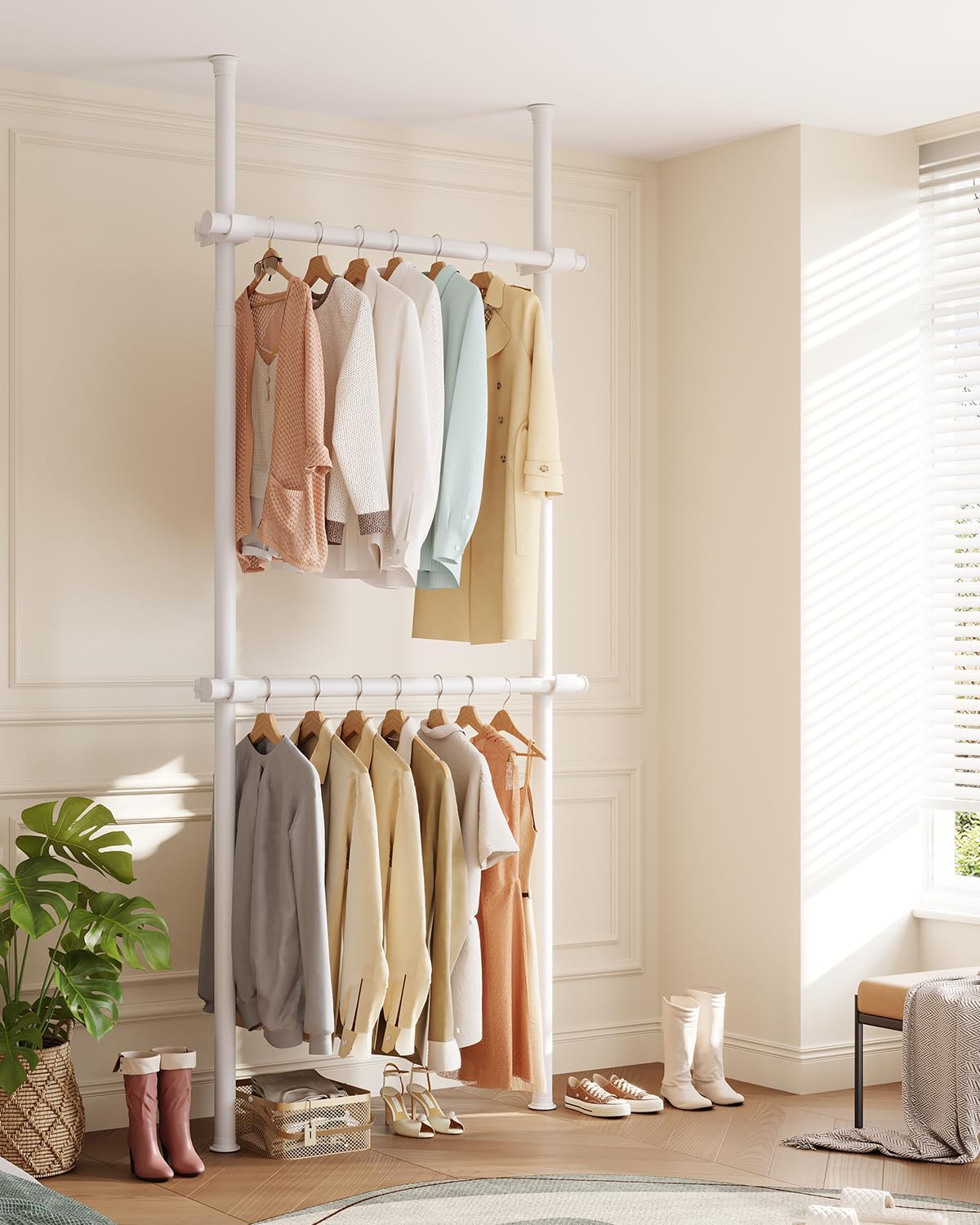 floor to ceiling clothes rack, heavy-duty telescopic garment rack, 43–122in height & 30–47in width, 220lbs total load capacity, 2-pole, white white 2-pole