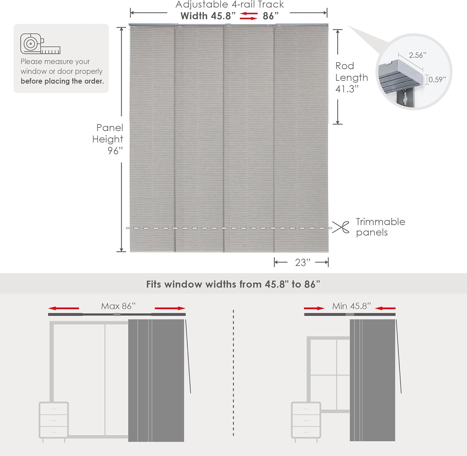 GoDear Design Adjustable Sliding Panel Track Vertical Blinds for Windows 45.8- 86 W x 96 H, Extendable Patio Door Blinds for Sliding Door, Trimmable Fabric Panel Curtinsa, Semi-Privacy, Tea Time