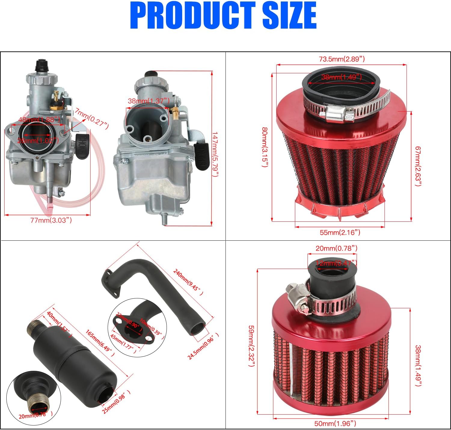 YOXUFA VM22 Carburetor Exhaust Header Muffler Stage 2 Kit Replacement for Predator 212cc 224cc 196cc 200cc 6.5HP Coleman CT200U BT200X Baja MB200 GX160 GX200 Axis M200 KT196 Mini Bike Go Kart Parts