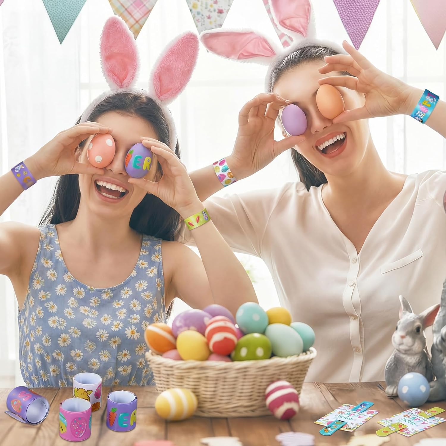 24 Pcs Easter Slap Bracelets Bulk Easter Basket Stuffers Snap Wristband with Cards for Egg Hunt Egg Fillers Gifts Sunday School Party Favors