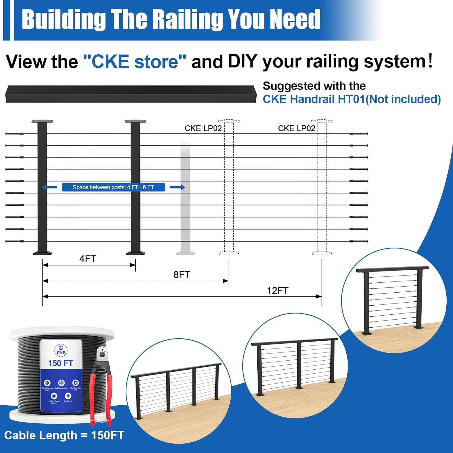 CKE 36" Level Drilled Cable Railing Post, Black Cable Railing Post (Post 35"x2"x2") for Deck Railing, Stainless Steel Flat Top Surface Level Line Post with Cable Grommets for Indoor Outdoor, LP02