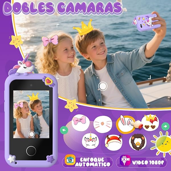 Fippesax Smartphone Niños, Cámara con Pantalla Táctil de 2,8 Pulgadas, Teléfono Móvil para 20 Juegos Educativos, Cámara Dual, Regalo de Cumpleaños de Navidad para Niños de 3 a 9 Años Morado - 3