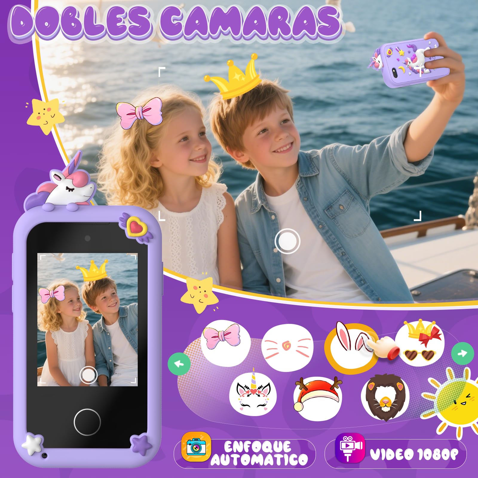 Fippesax Kinder Handy Smartphone Spielzeug, Dualkamera, 8G SD Karte, MP3 Player, 20 Lernspiele, für 3-9 Jahre (Lila)