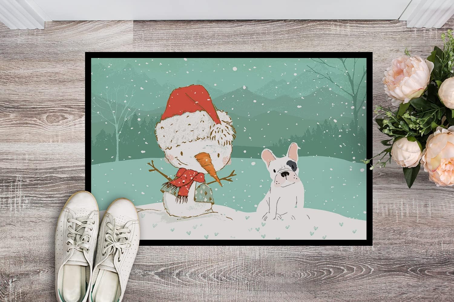 Caroline's Treasures CK2087MAT Piebald French Bulldog Snowman Christmas Doormat 18x27 Front Door Mat Indoor Outdoor Rugs for Entryway, Non Slip Washable Low Pile, 18H X 27W