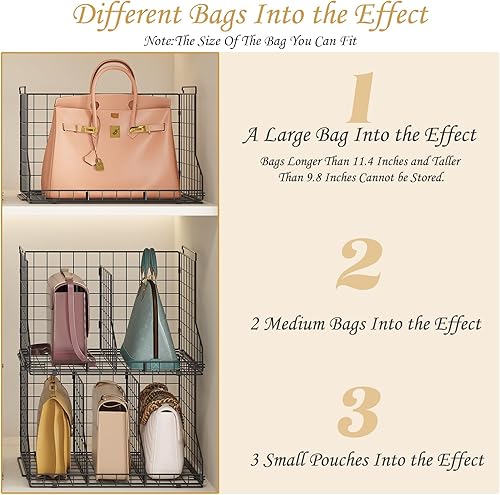 Miniatura 7 de Organizador de almacenamiento de bolsos para armario organizador de bolsos divisores ajustables, cestas de almacenamiento apilables de alambre,