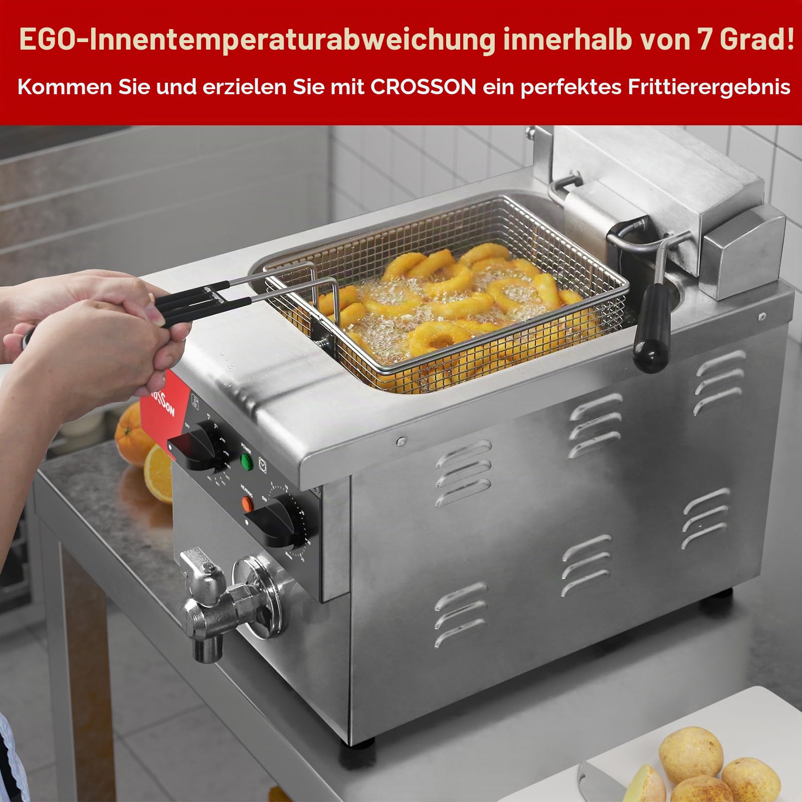 CROSSON Kommerzielle Elektrische Fritteuse 8 Liter,3250W Professionelle Elektrische Fritteuse aus Edelstahl mit ablaufhahn,Temperaturkontrolle 80-200°C für Hotel- und Gastronomieküchen