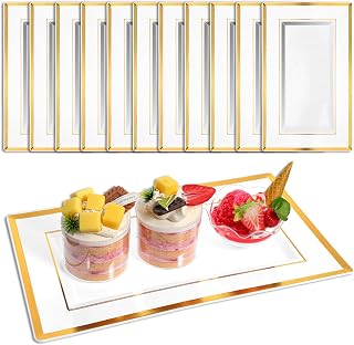 12 Pcs White Plastic Serving Trays with Gold Rim, 12 x 10 Inches Disposable Plastic Serving Platters Rectangular Food Trays for Fruits, Desserts, Cookies, Cupcakes, Appetizers, Skewers
