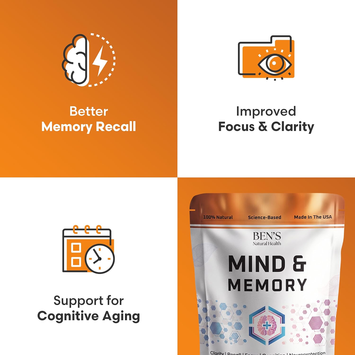 Ben's Natural Health Mind & Memory Supplement, Nootropic Brain Support with Lion’s Mane, Bacopa, Ginkgo and Rhodiola, 90 Capsules
