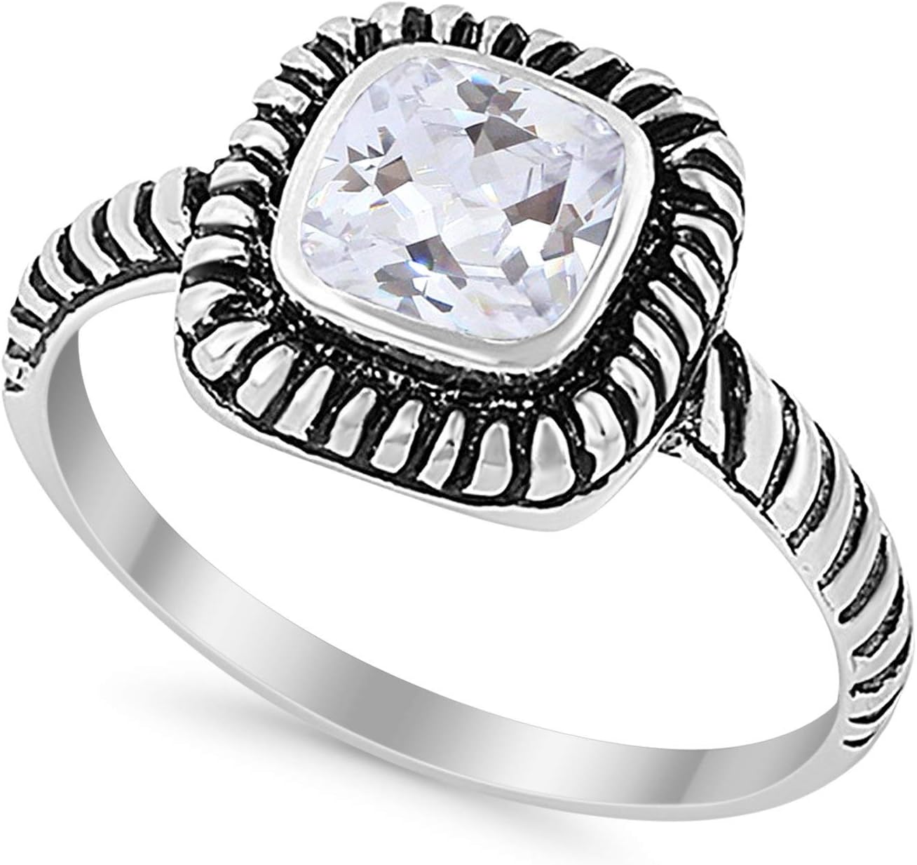 Blue Apple Co. Art Deco Ring 8mm Princess Cut Cubic Zirconia Oxidized Rope Vintage Style Solitaire Ring Statement Wedding Engagement Rings For Women 925 Sterling Silver Gift For Special Occasion