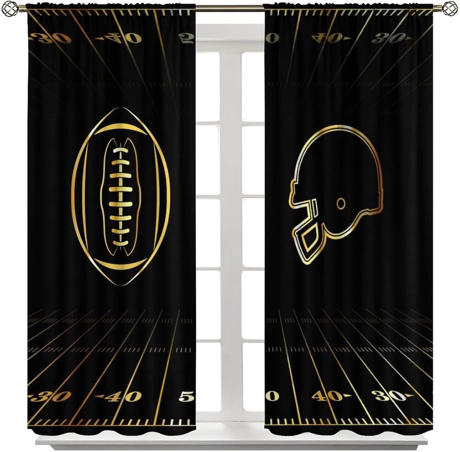 American Football Sports Game Rod Pocket Blackout Curtains for Living Room,Noise Reduction Abstract Black Gold Football Helmet Design Window Treatment Drapes,2 Panels 45L x 21W