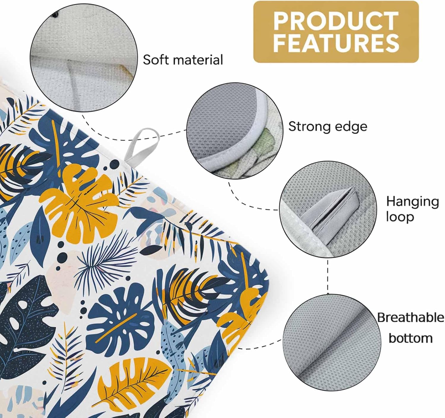 Summer Tropical Plants Dish Drying Mats for Kitchen Counter,Absorbent Microfiber Dish Drainer Rack Mat Pastoral Yellow Blue Leaves Drying Pad for Sinks,Utensils,Countertops,18x24in
