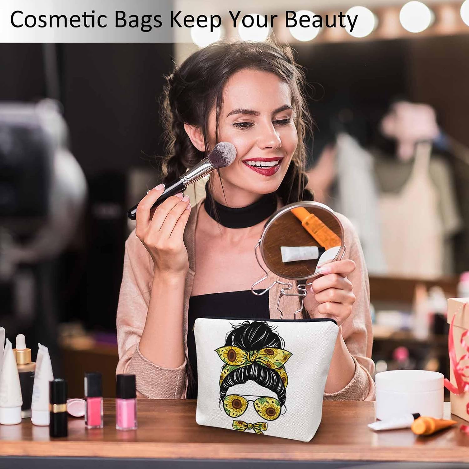 Women Makeup Organizer Bag Sunflower Woman, Messy Bun Woman Sunflowers Glasses Flax Cosmetic Bag Makeup Bags Toiletry Bag Accessories Organizer Travel Bags For Home Bathroom Office Hotel Gym image 2