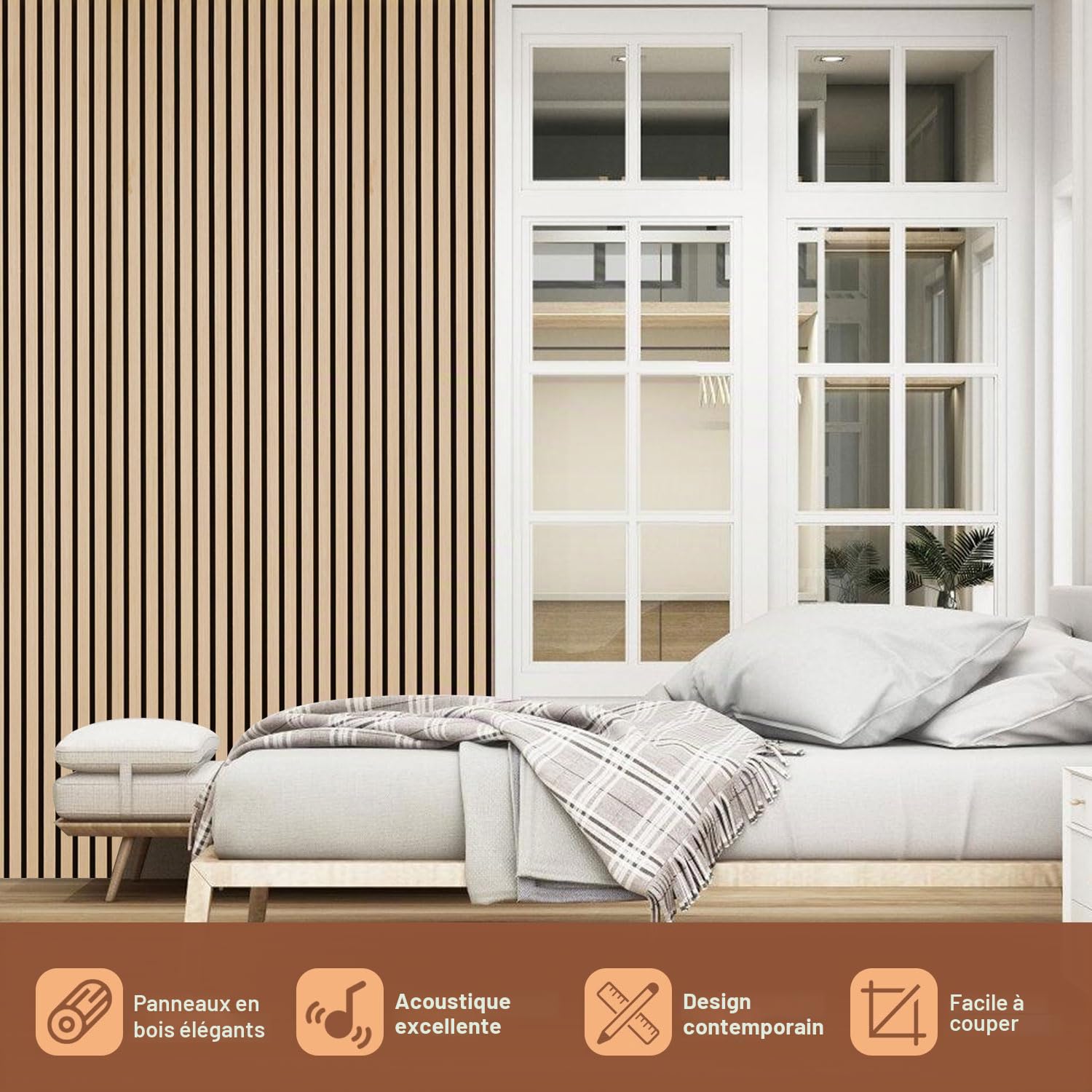Fiqops 8X Panneaux acoustiques en bois 120x60cm Panneaux muraux en bois plaqué et en feutre, panneaux en chêne, revêtement mural en bois pour studio et maison Décoration murale intérieure - Couverture