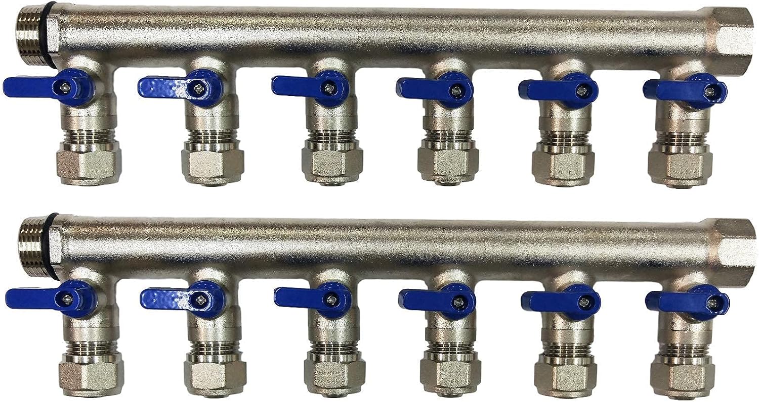 12 Loop Plumbing Manifold w/ 1" trunk & 1/2" pex ball valves, blue handle