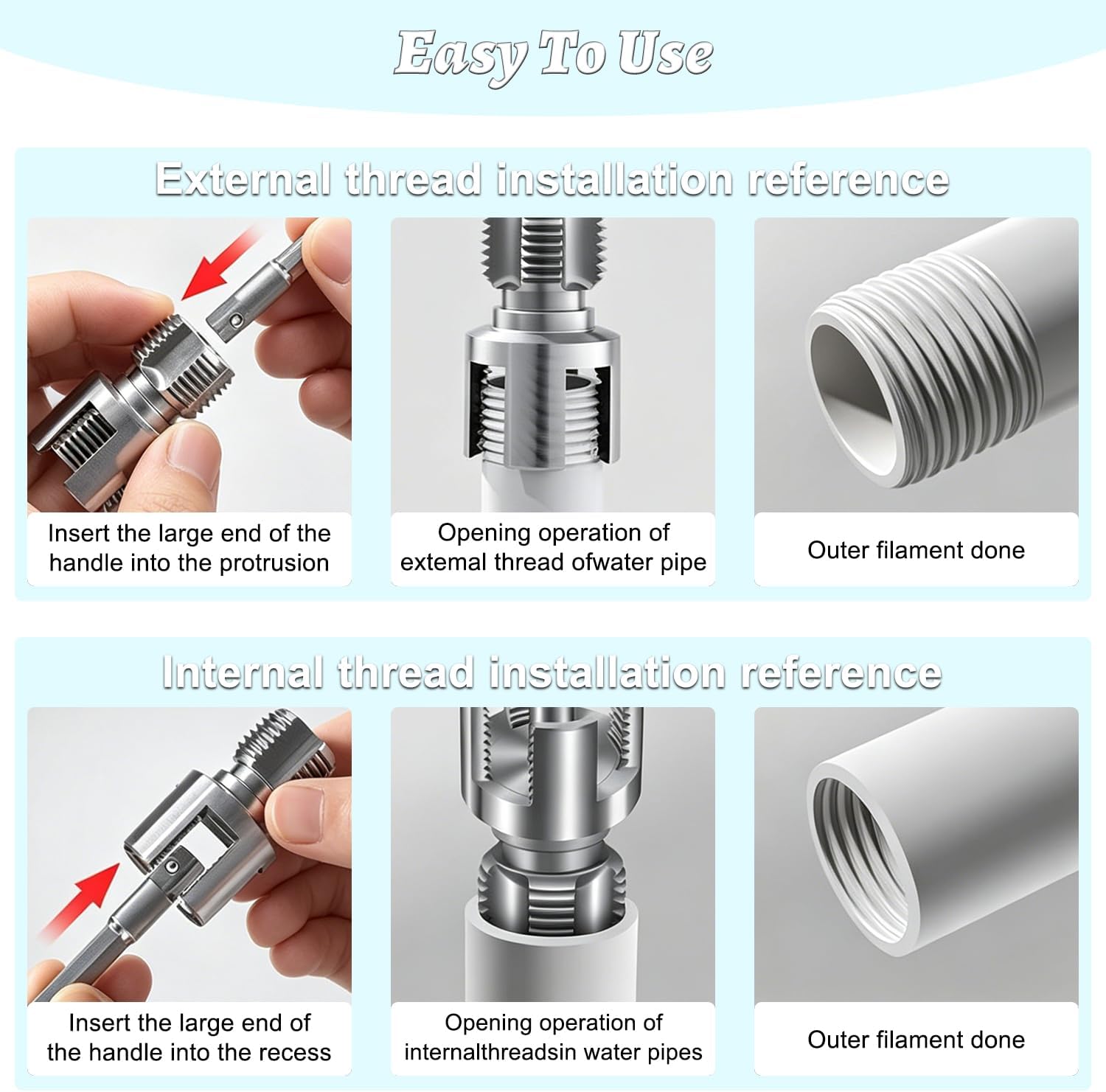 3- Piece Internal & External Pipe Threading Tool (1/2“, 3/4”, 1 NPT) – Electric Drill Compatible PVC Water Pipe/Plastic Pipe Threading Tool For Home DIY Repairs