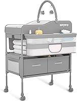 Saryocy Folding Baby Changing Table - Portable Waterproof Diaper Station, Adjustable Height, Wheels & 2 Drawers for Infants