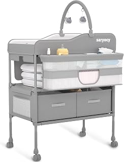 Saryocy Folding Baby Changing Table - Portable Waterproof Diaper Station, Adjustable Height, Wheels & 2 Drawers for Infants