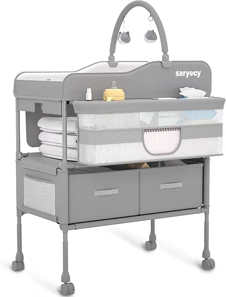 Saryocy Baby Changing Table, Versatile Folding Changing Table, Waterproof Diaper Changing Station, Adjustable Height with 2 Drawers,Baby Changing Station, Mobile Nursery for Infant and Newborn
