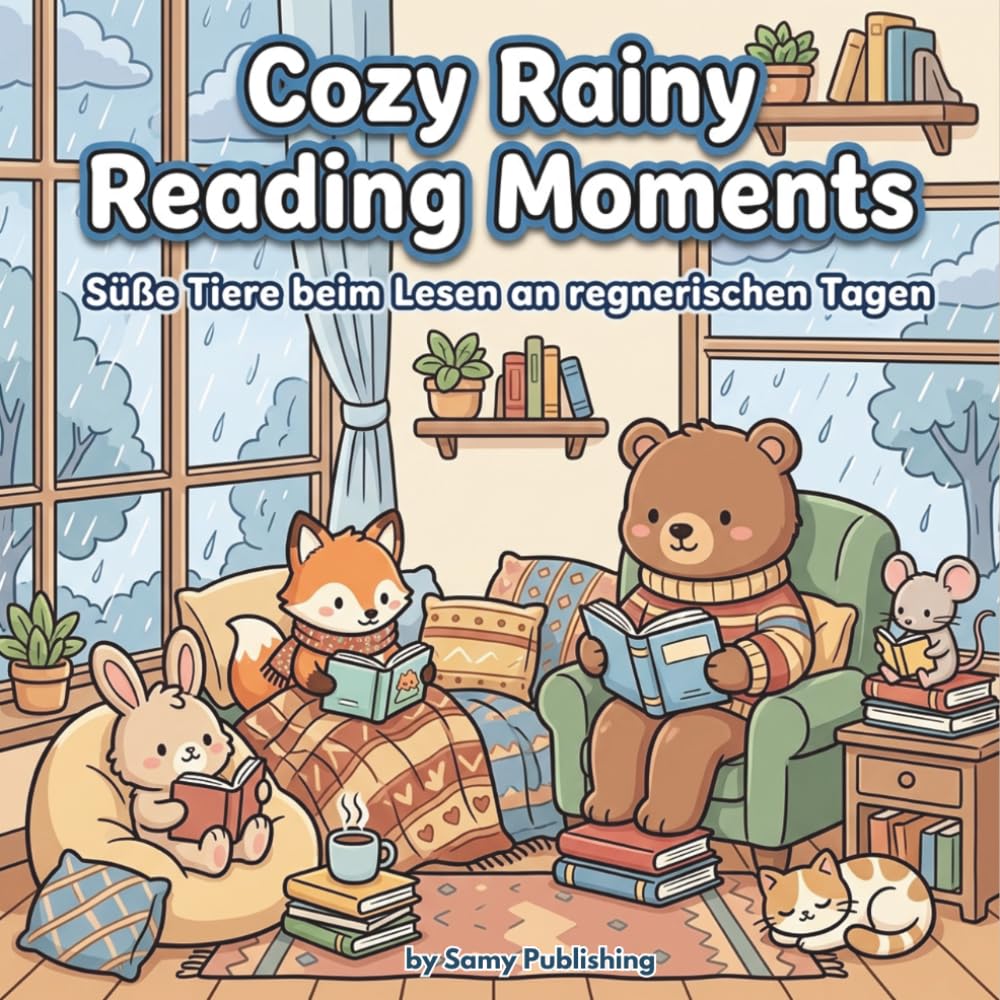 Cozy Rainy Reading Moments – Süße Tiere beim Lesen an regnerischen Tagen: 40 detailreiche Ausmalbilder mit niedlichen Tieren, Büchern und entspannten Cozy Momenten im Regen