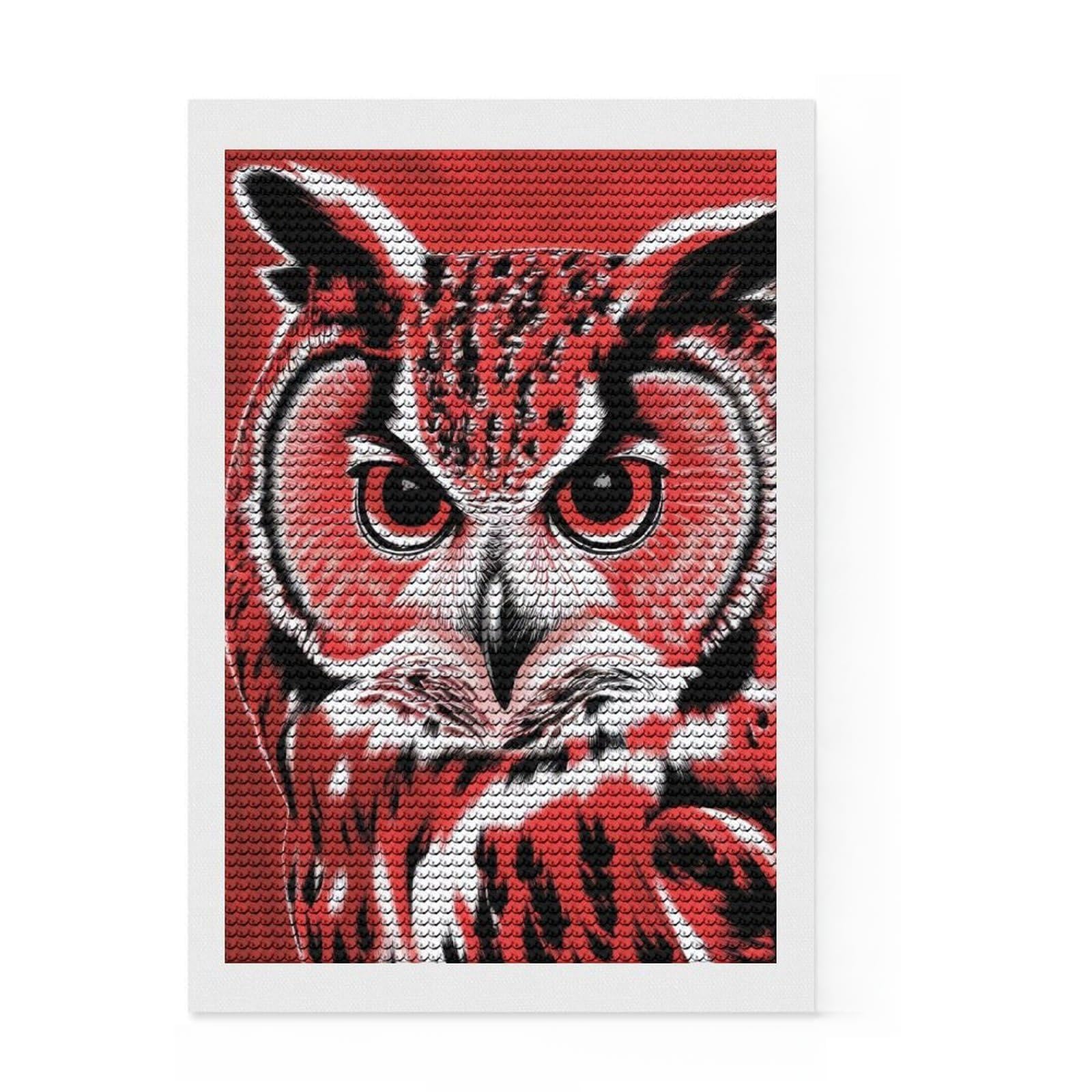 Junmoney Red Owl Portrait Diamond Style Art Kit 8"x12", Round Gems, Mindful Craft Project, Thoughtful Present, Aesthetic Room Decor
