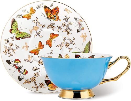 Miniatura 5 de LURRIER Taza de café con platillo para Latte, té capuchino con mariposas de porcelana fina de 6.8 onzas, apta para lavavajillas, esmalte reactivo, 1