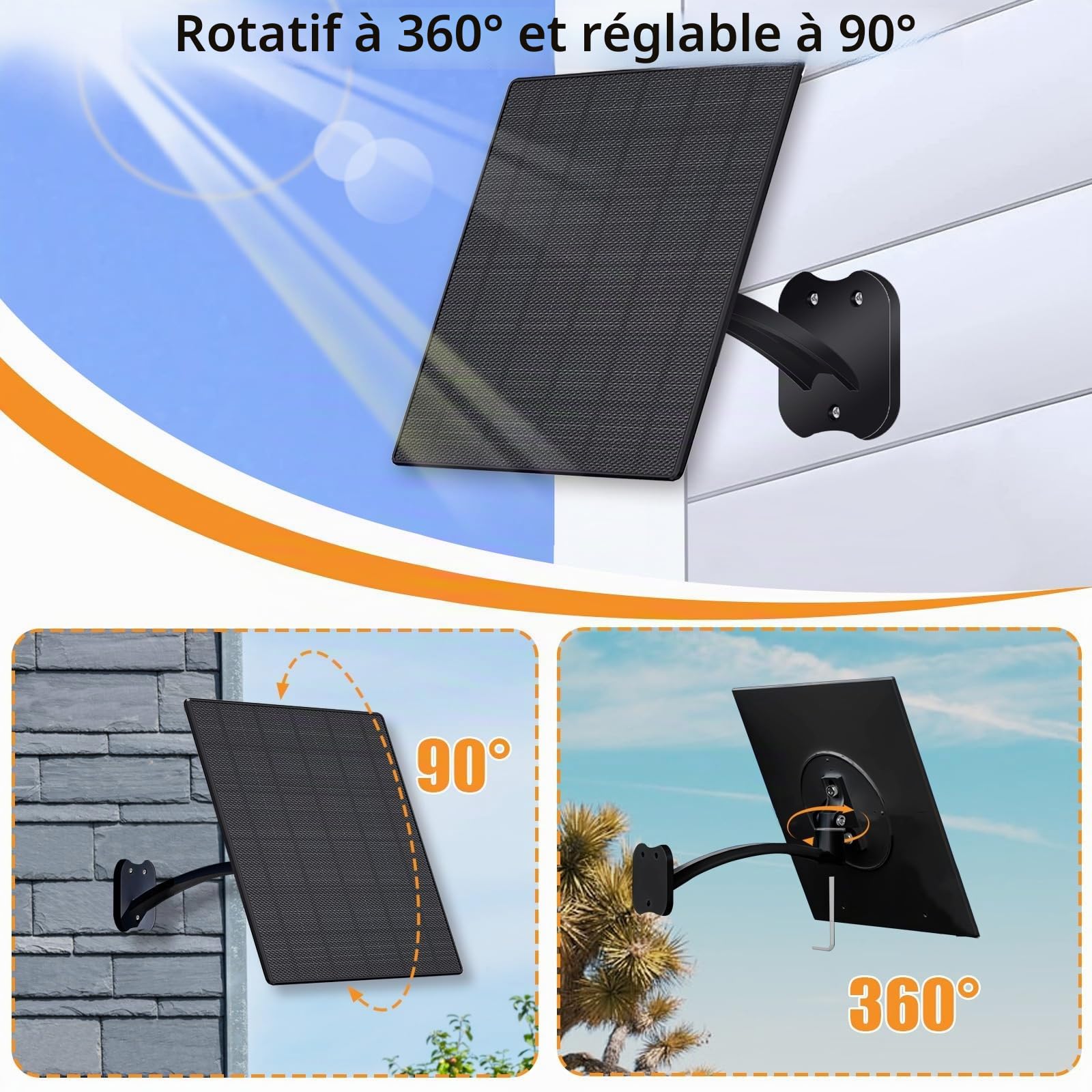 Panneau solaire 10 W pour caméras de sécurité IP66 étanche avec câble de 3 m USB C et ports CC 5,5 x 2,1 mm Support réglable pour caméra extérieure