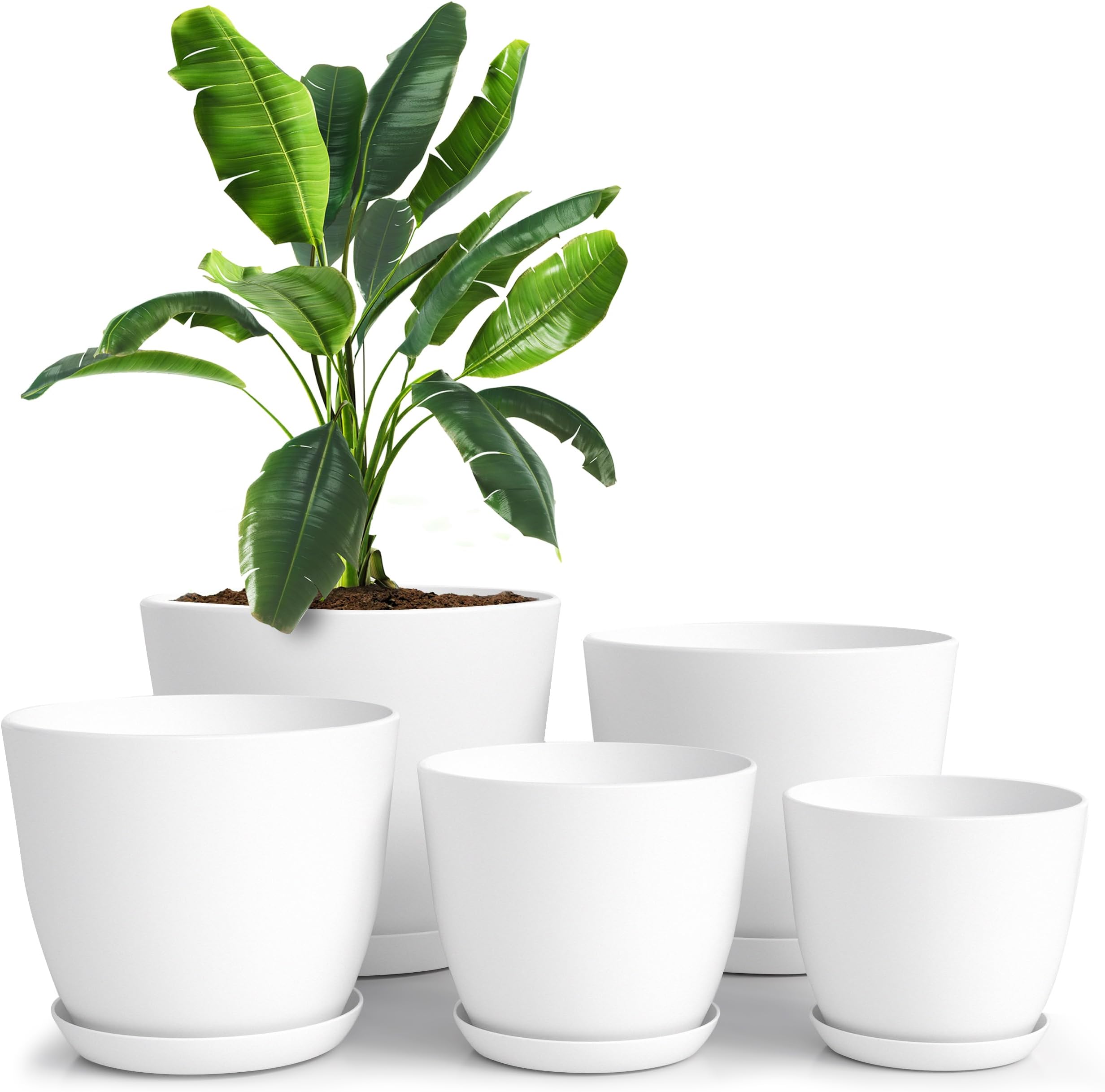 Utopia Home Plastic Planters White, Flower Nursery Pots Indoor Modern Decorative Plastic Pots for Plants, Succulents, Flowers, and Cactus 5 Pack, Multisize