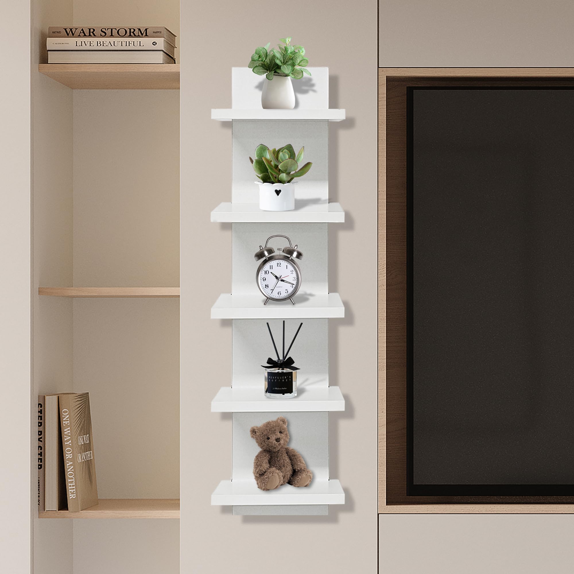 Photo 1 of wdbg 5 Tier Shelves for Wall, Decorative Wall Mounted Vertical Shelving Column Decor 30 Inch H Mounted Floating Storage Organizer Natural Finish Wall Shelf for Living Room, Bedroom, Bathroom