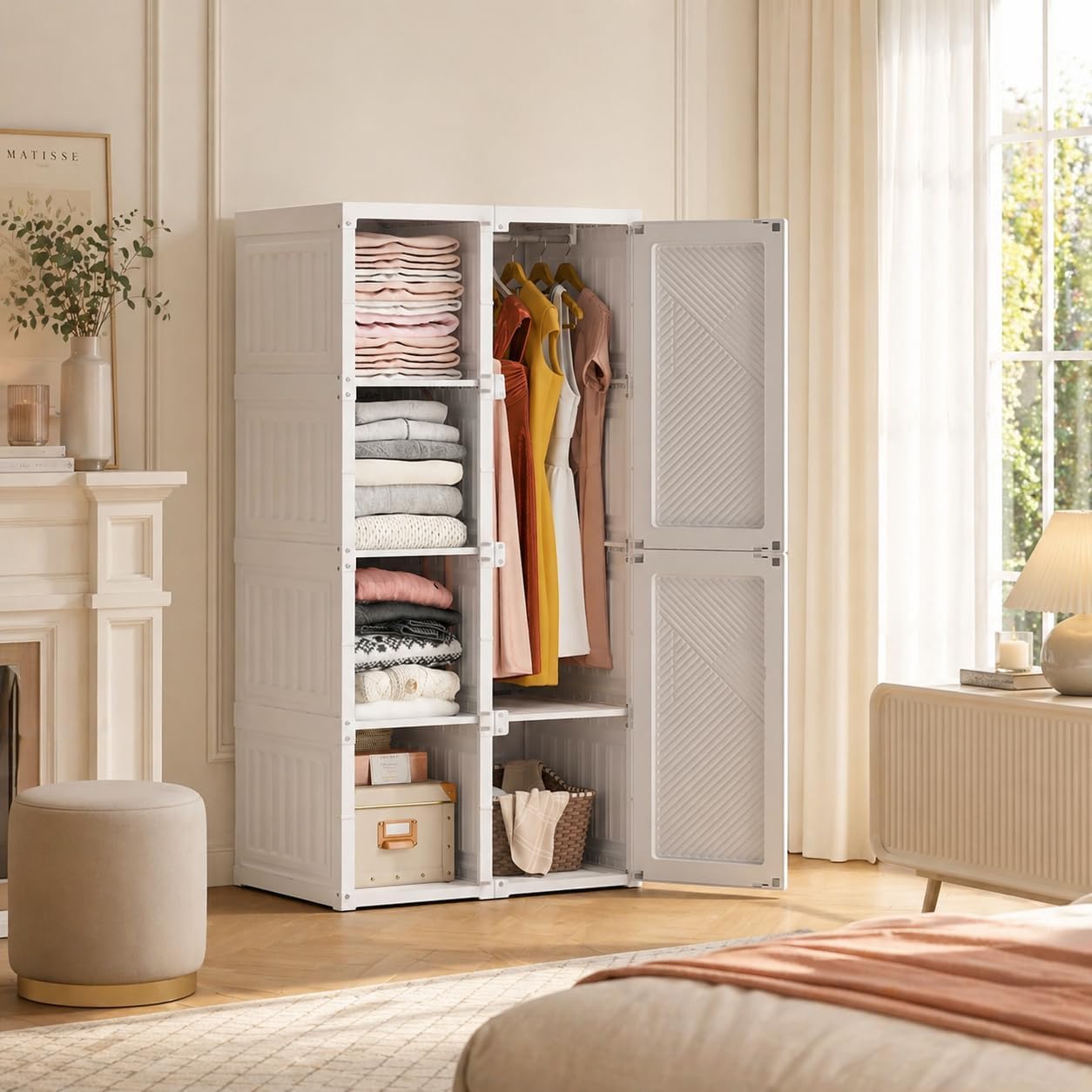 LONELYO Armoire de Rangement,Armoire Pliable, avec Portes,Penderie Portable avec Barre de Suspension, Chambre, Vestiaire, Salle d’étude,Blanc (Armoire Blanche 5×6+1)