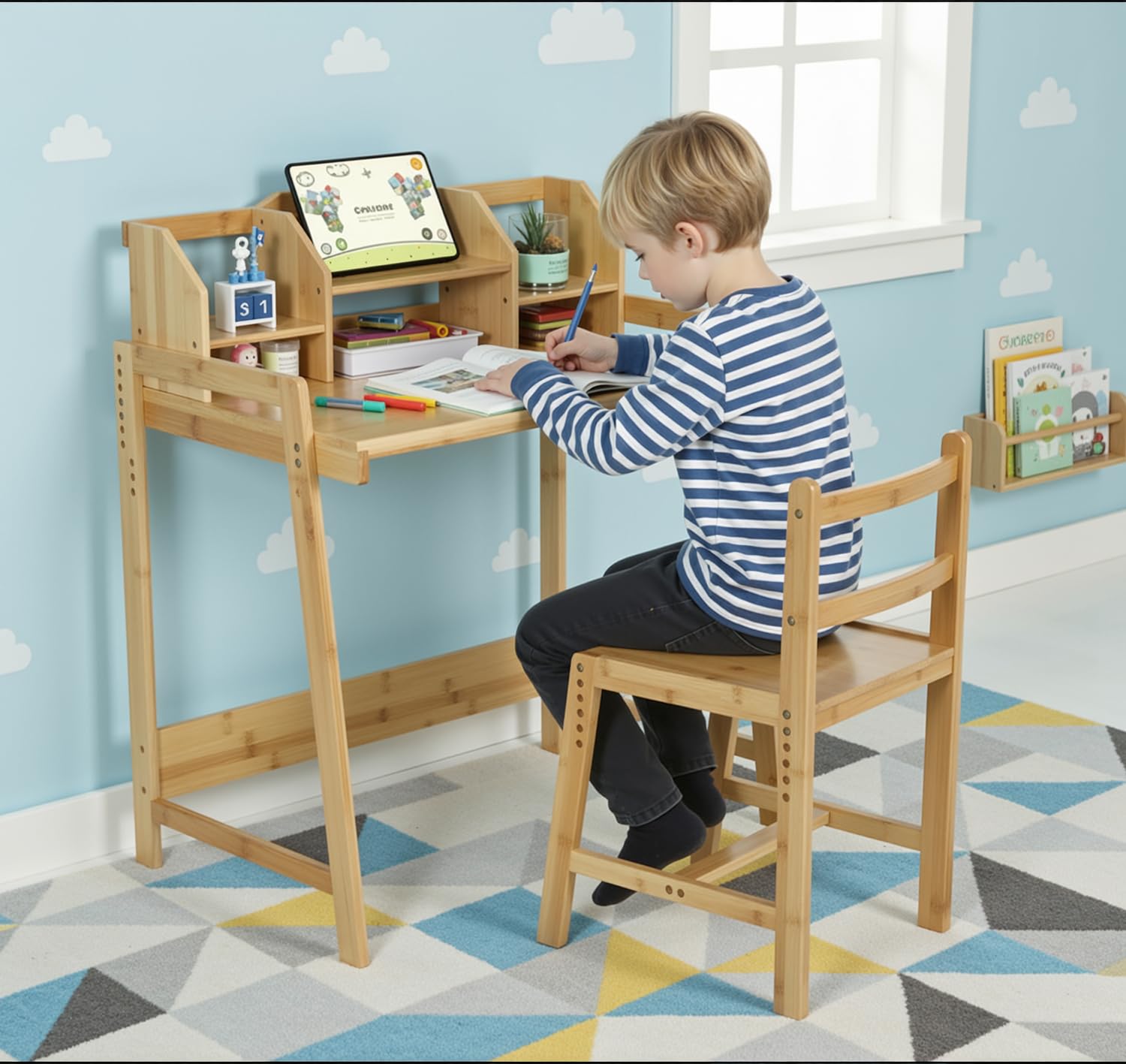 Bamboe houten bureau voor kinderen, in hoogte verstelbaar, kindertafelstoelset, schoolbureau met boekenhouder, opbergruimte, bureauset voor kinderen, meisjes, natuurlijke kleur