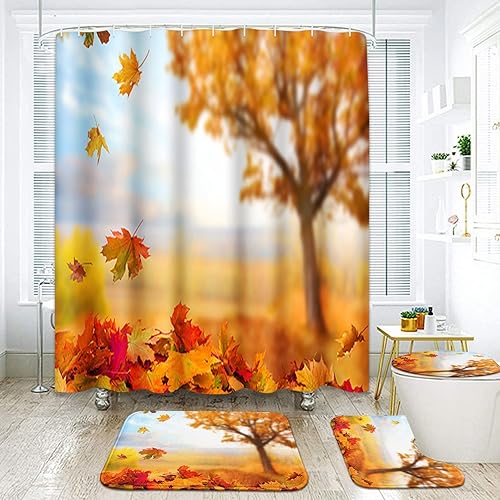 Miniatura 1 de ArtSocket Juego de baño de hojas de otoño con cortina de ducha y accesorios de alfombras, juego de cortina de ducha naranja arce volador, cortina de