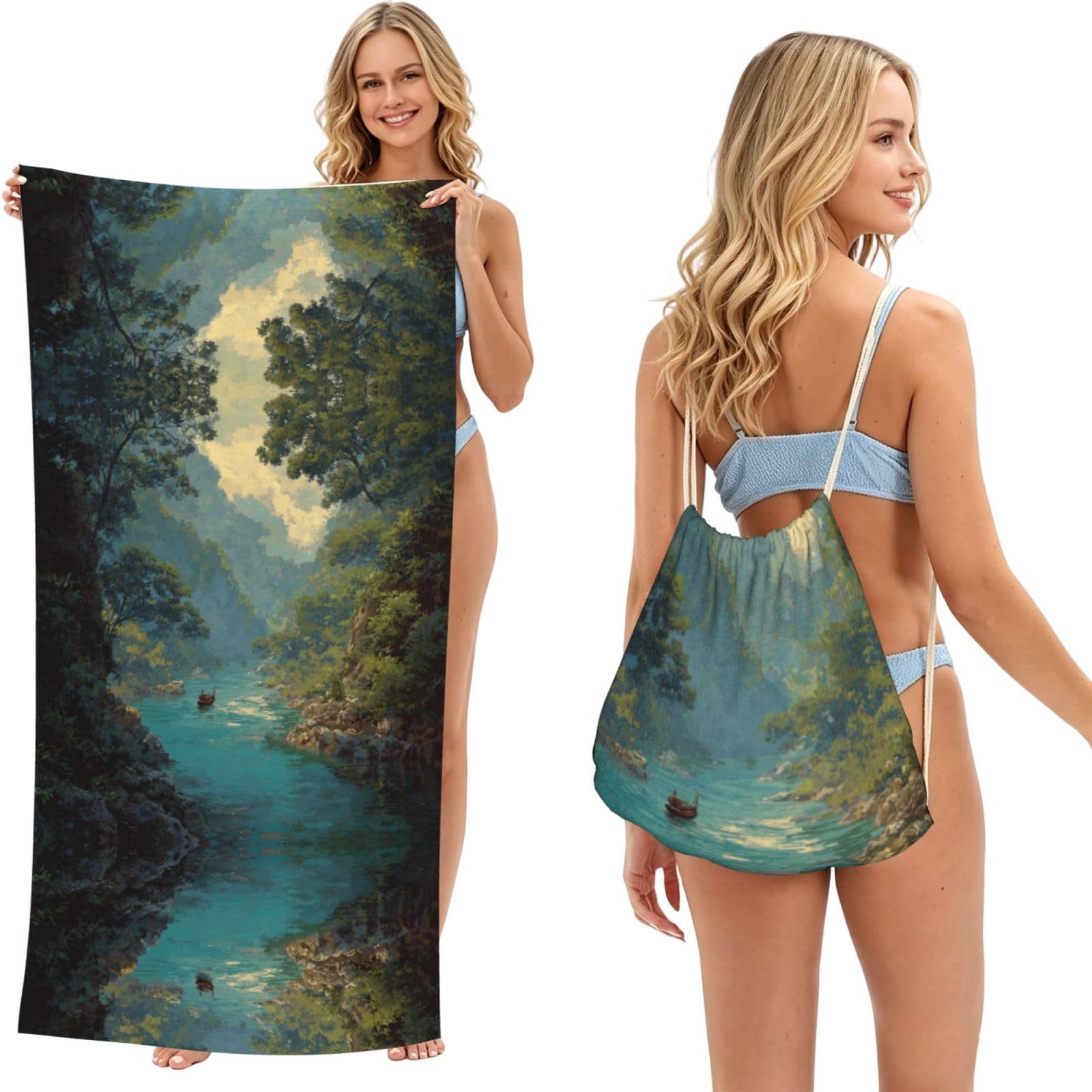 ESNAIUVCD River Scenery Print Beach Towel For Adults,Towel With Drawstring Bag, Travel Pool Swimming Sports Shower Sand Free Quick Dry Bath Towel For Pool, Beach, Yoga- 180x60cm